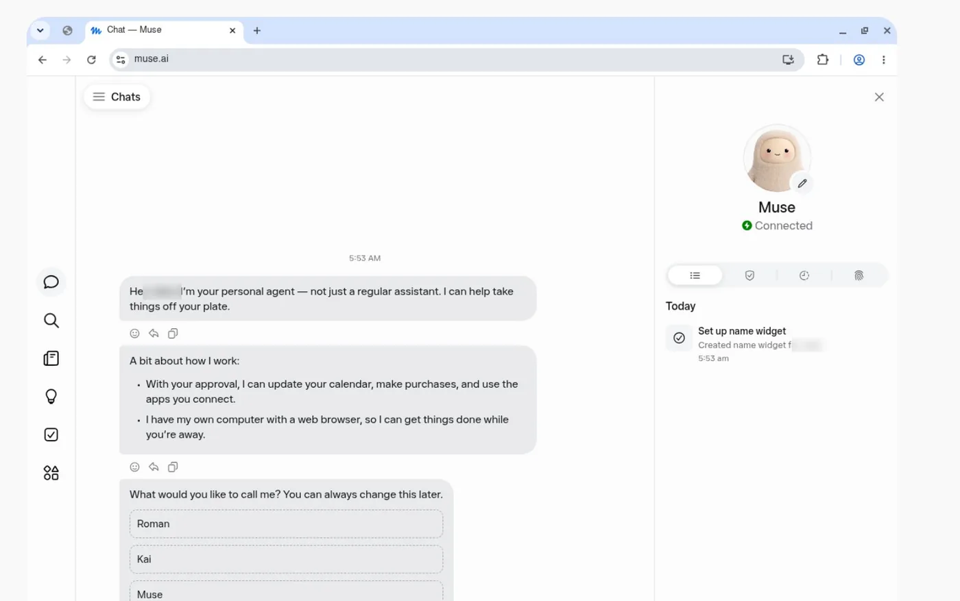 注册成功后的 muse.ai 对话界面,Muse 助手状态为 Connected